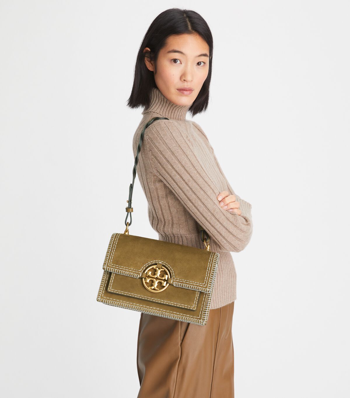 Bolsa De Hombro Tory Burch Miller Gamuza Stitched Flap Mujer Marrom | OUTLETS-62913589