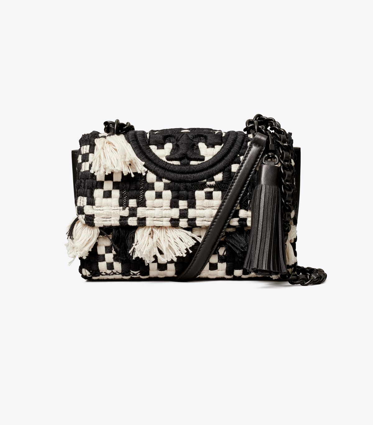 Bolsa De Hombro Tory Burch Small Fleming Tweed Convertible Mujer Negros Blancos | OUTLETS-92345869