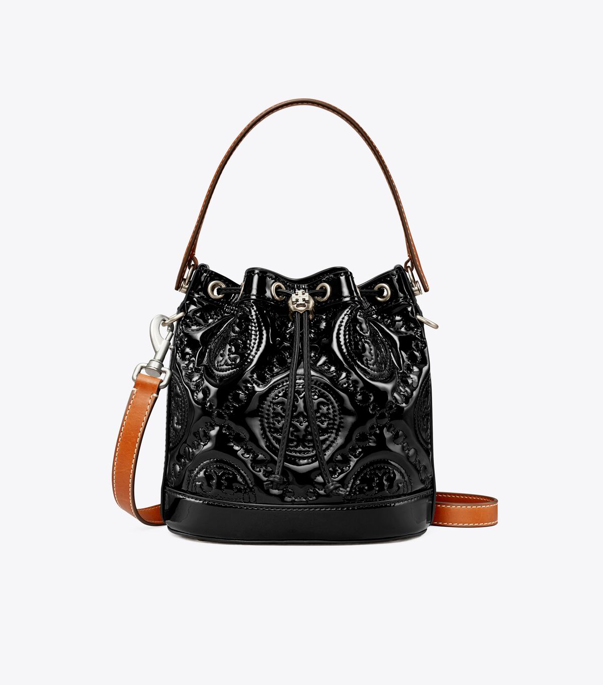 Bolso Saco Tory Burch T Monogram Embroidered Charol Mujer Negros | OUTLETS-59348209