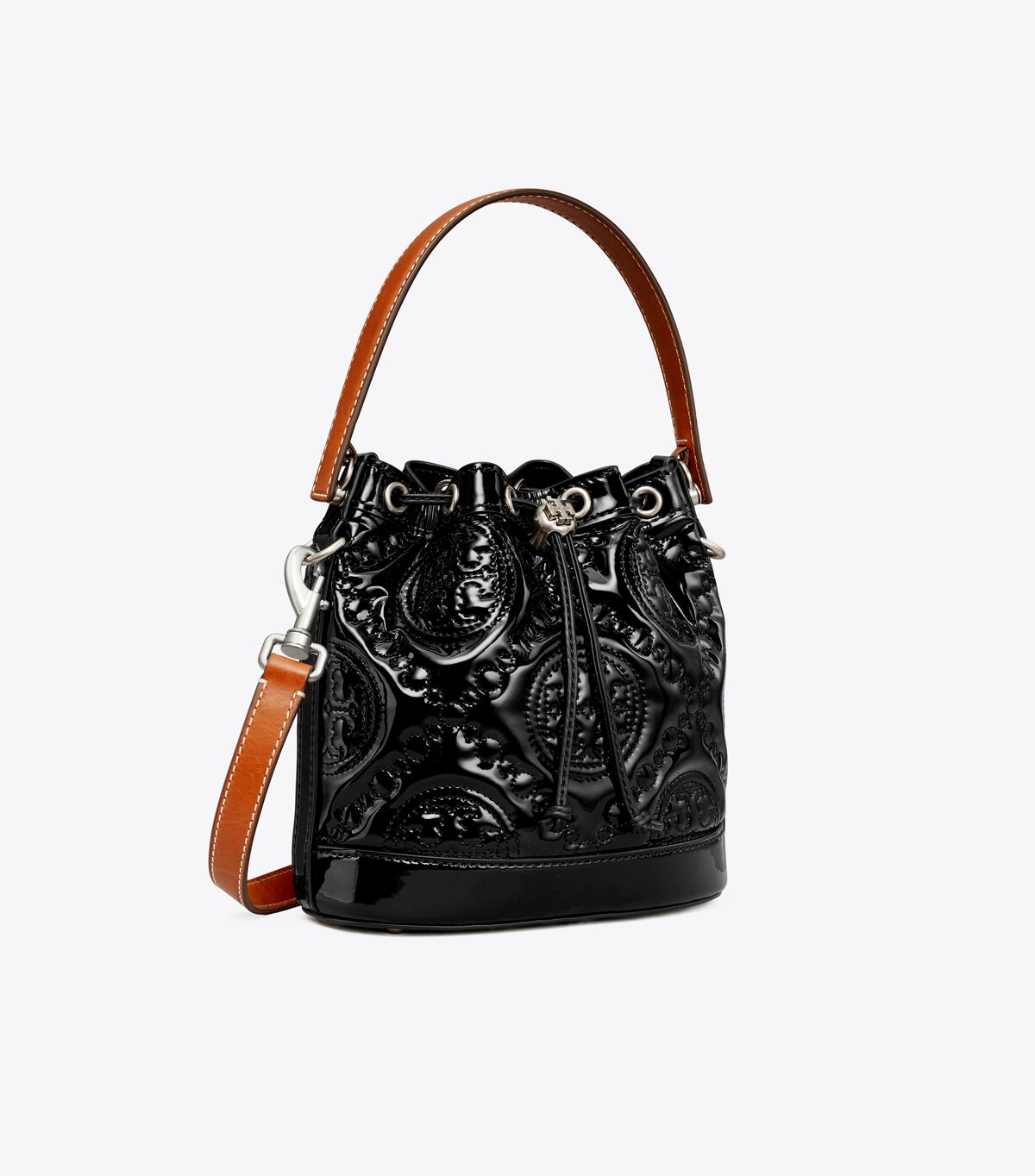 Bolso Saco Tory Burch T Monogram Embroidered Charol Mujer Negros | OUTLETS-59348209