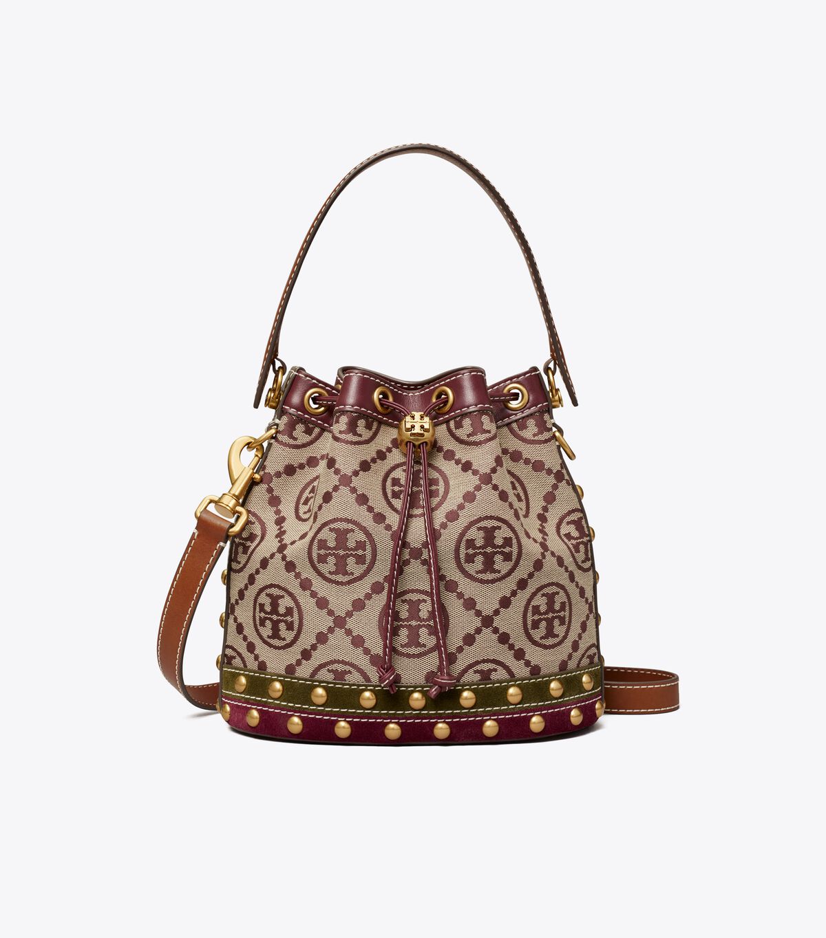 Bolso Saco Tory Burch T Monogram Jacquard Studded Mujer Claret | OUTLETS-06597439