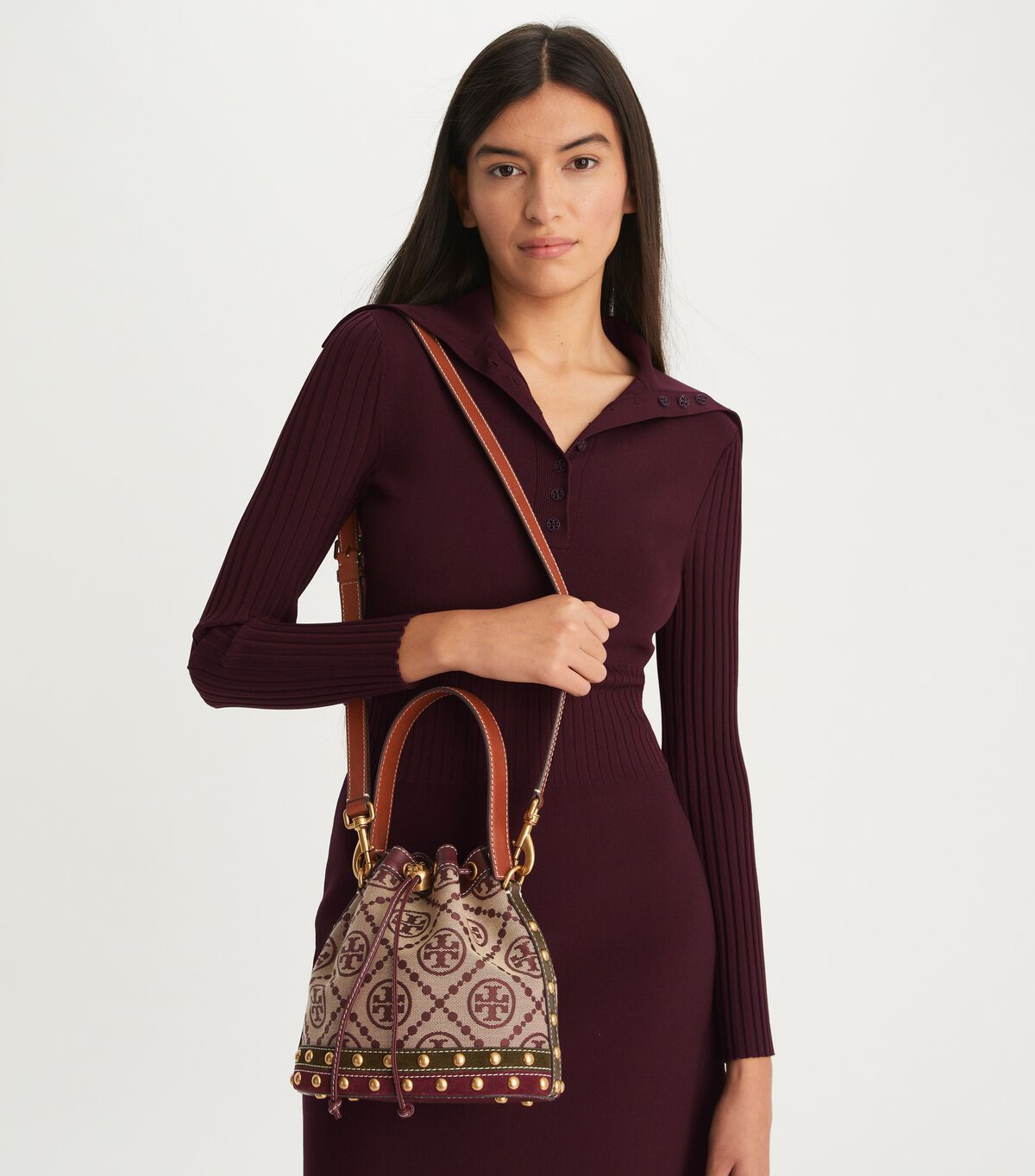 Bolso Saco Tory Burch T Monogram Jacquard Studded Mujer Claret | OUTLETS-06597439