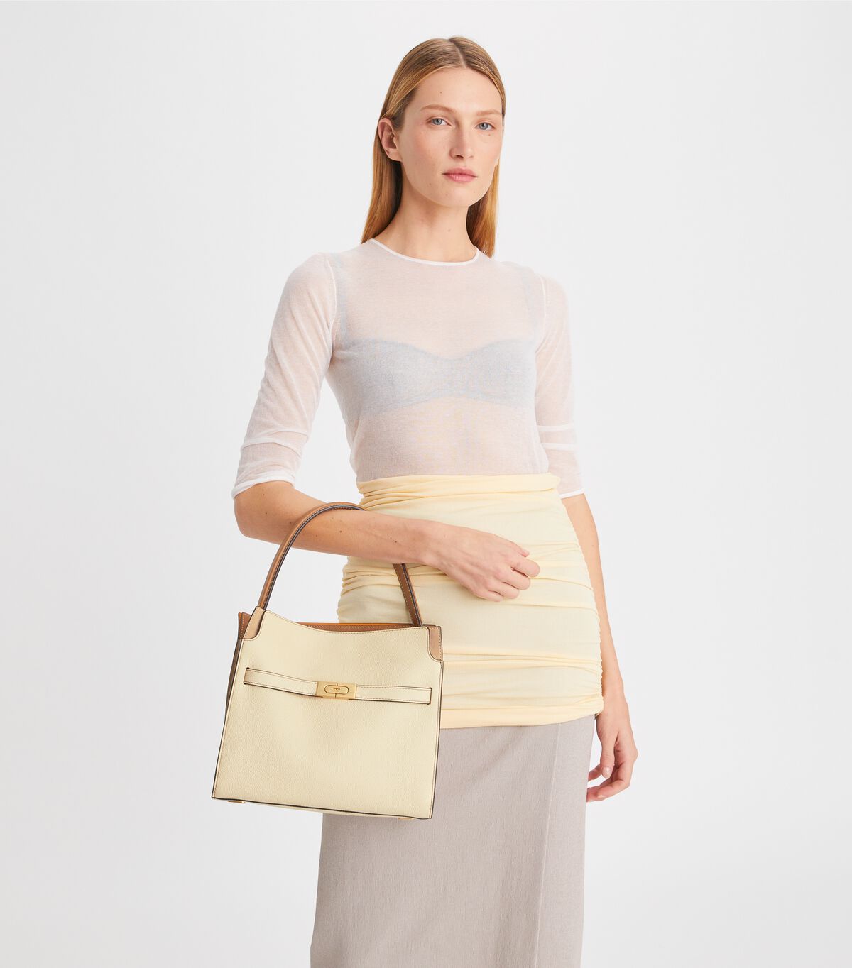 Bolso Satchel Tory Burch Small Lee Radziwill Pebbled Mujer Beige | OUTLETS-12039859