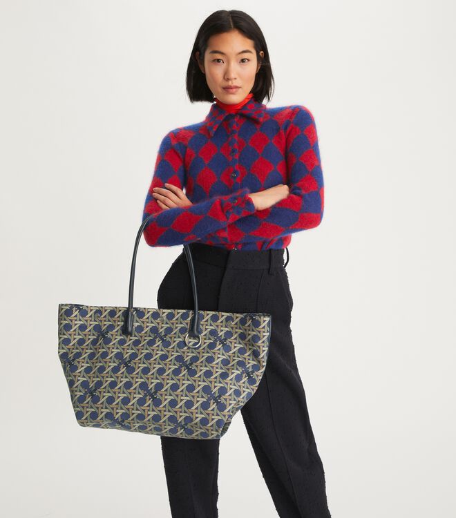 Bolso Tote Tory Burch Lona Basketweave Mujer Azul Marino | OUTLETS-98127069