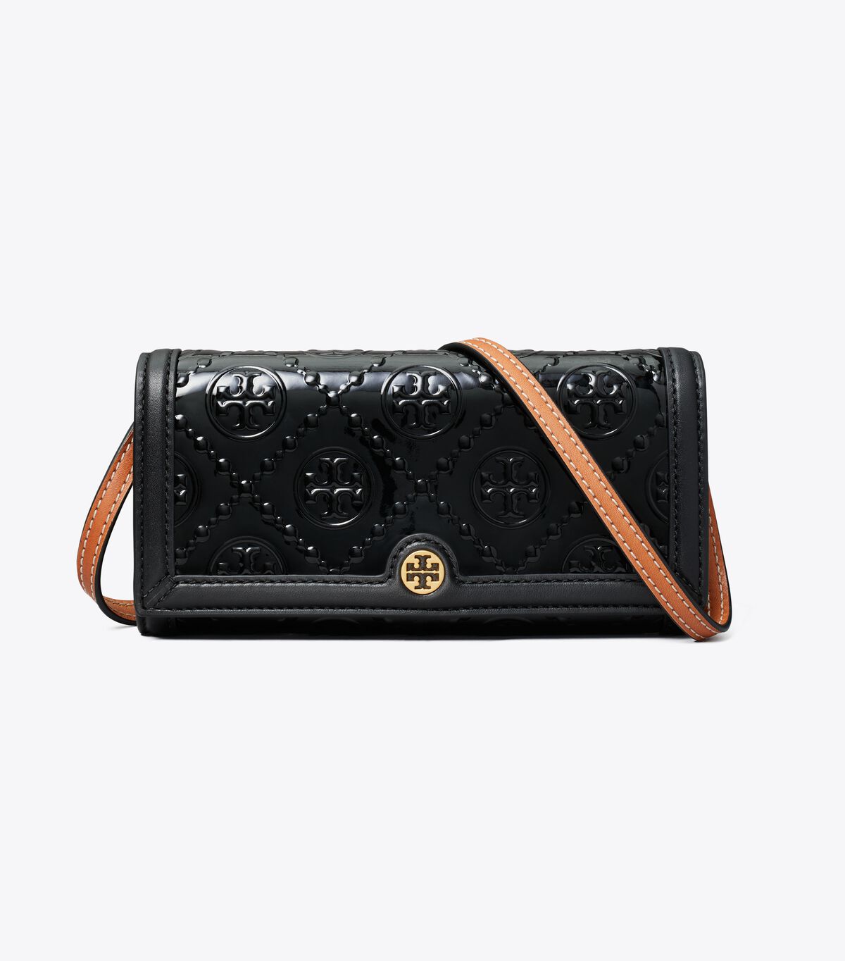 Bolsos Cruzados Tory Burch T Monogram Charol Embossed Mujer Negros | OUTLETS-07315689