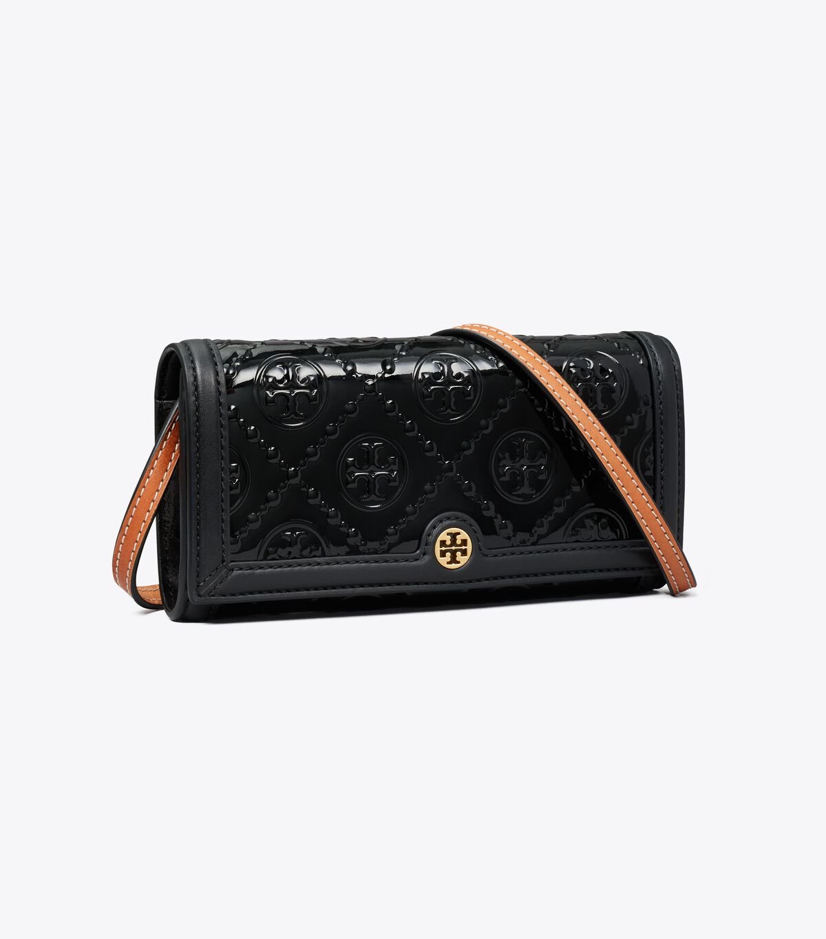 Bolsos Cruzados Tory Burch T Monogram Charol Embossed Mujer Negros | OUTLETS-07315689