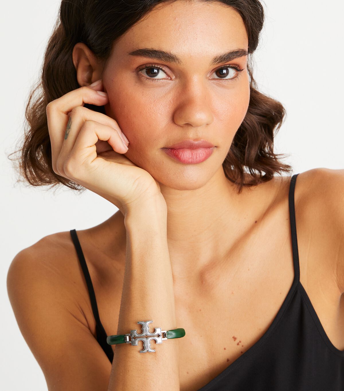 Pulsera Tory Burch Eleanor Cuero Hinged Mujer Plateados Verdes Oscuro | OUTLETS-02745819