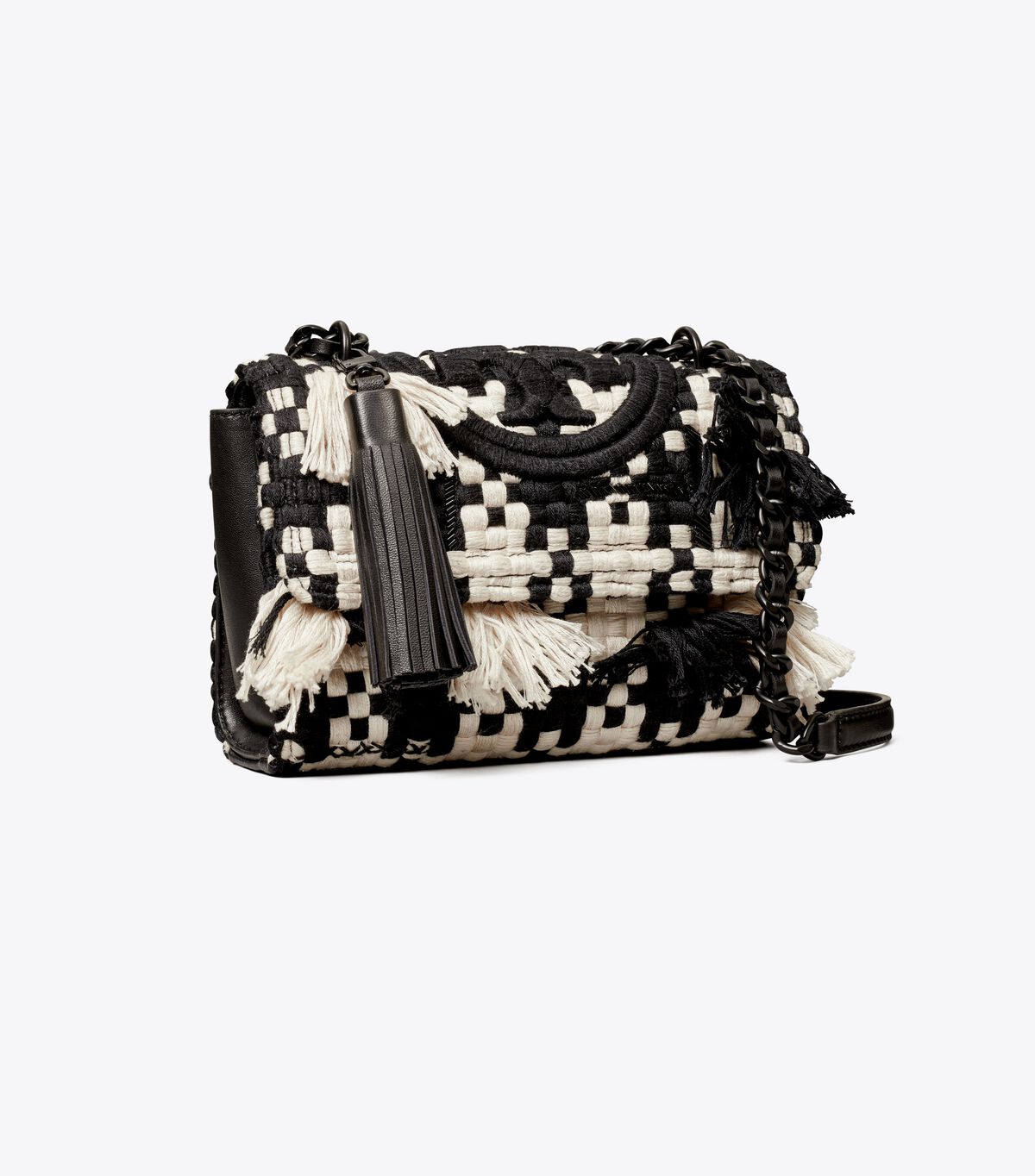 Bolsa De Hombro Tory Burch Small Fleming Tweed Convertible Mujer Negros Blancos | OUTLETS-92345869